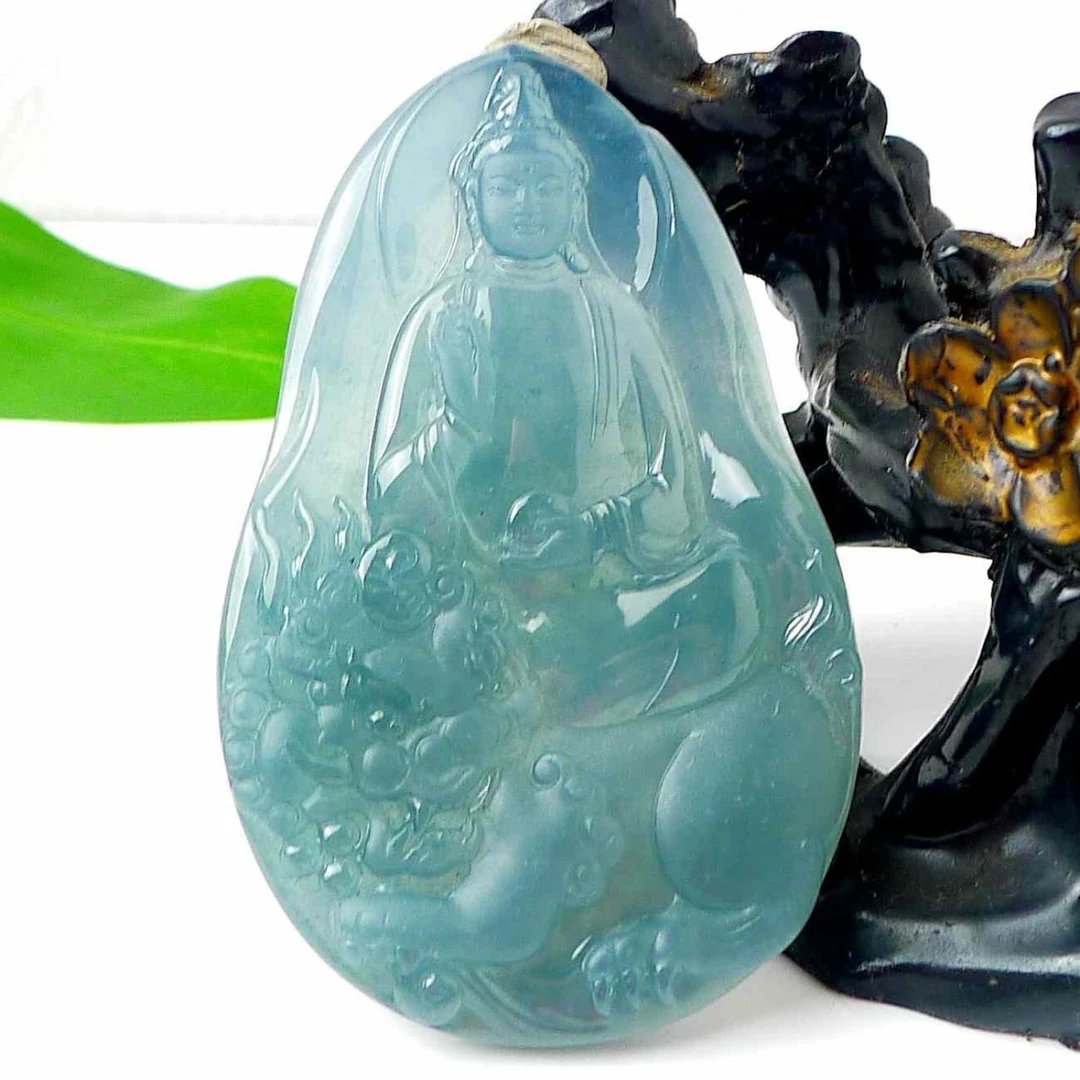 天然A货翡翠老坑高冰天空蓝精雕文殊菩萨挂件生肖兔守护神男女款