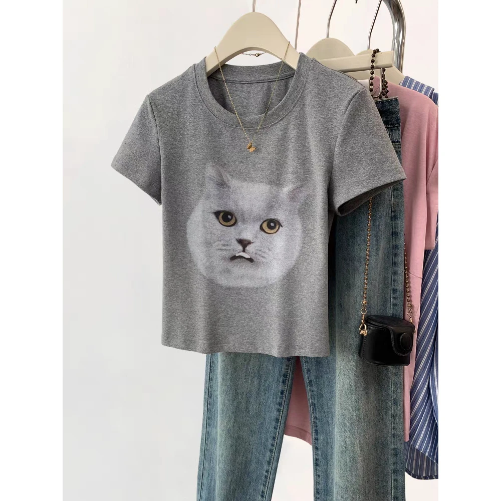灰色猫咪印花短袖t恤女夏季夏2025新款设计感短款正肩修身小上衣