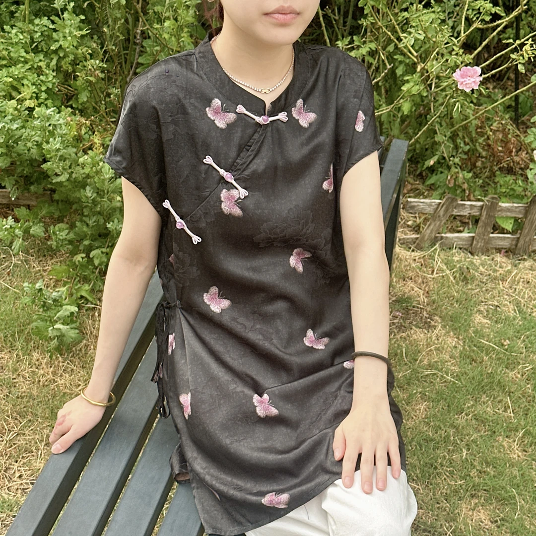 【黑蝴蝶】新中式2025夏季新款飞飞袖上衣长款升级