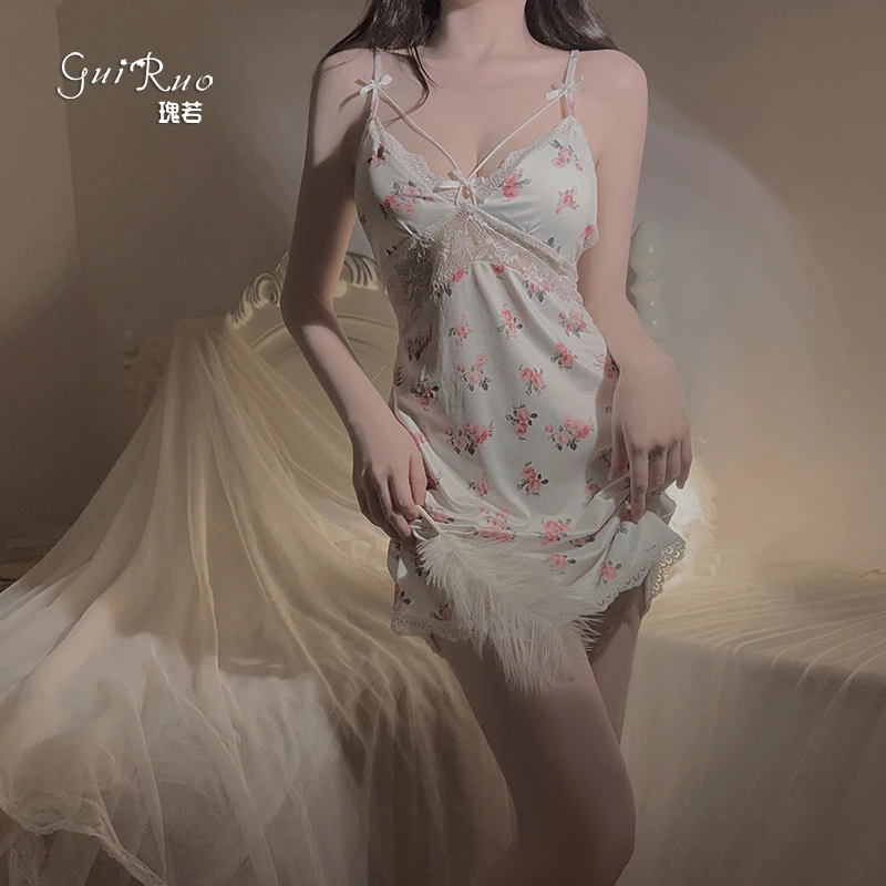 大码性感深V加胸垫聚拢碎花吊带睡裙薄款夏季纯欲风女式家居套装