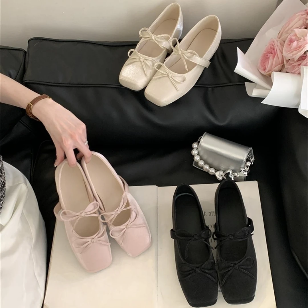 方头小个子内增高蝴蝶结芭蕾鞋单鞋配裙奶奶鞋绸缎面2025春季新款