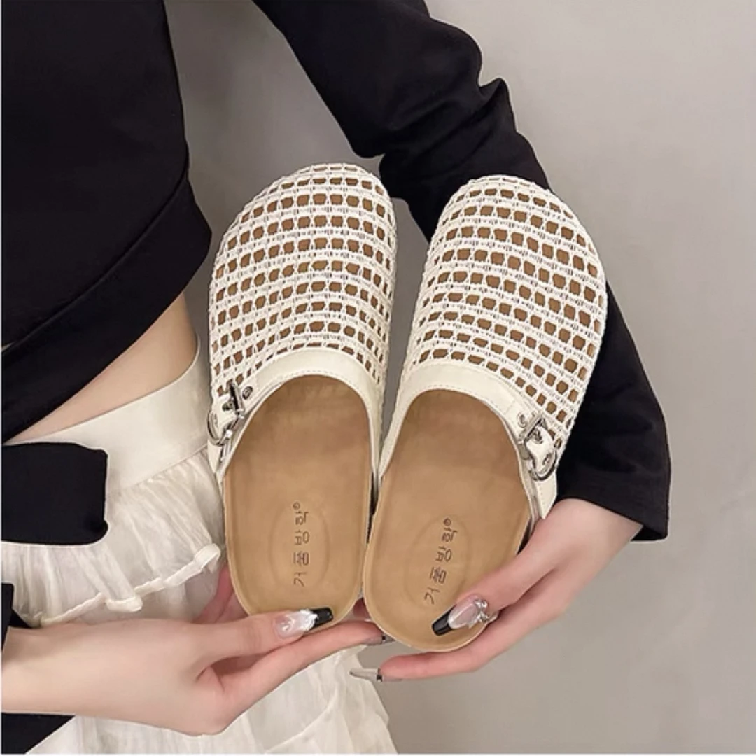 小敏家 厚底网面时尚渔网包头拖鞋 小众设计感透气软底凉拖鞋D918