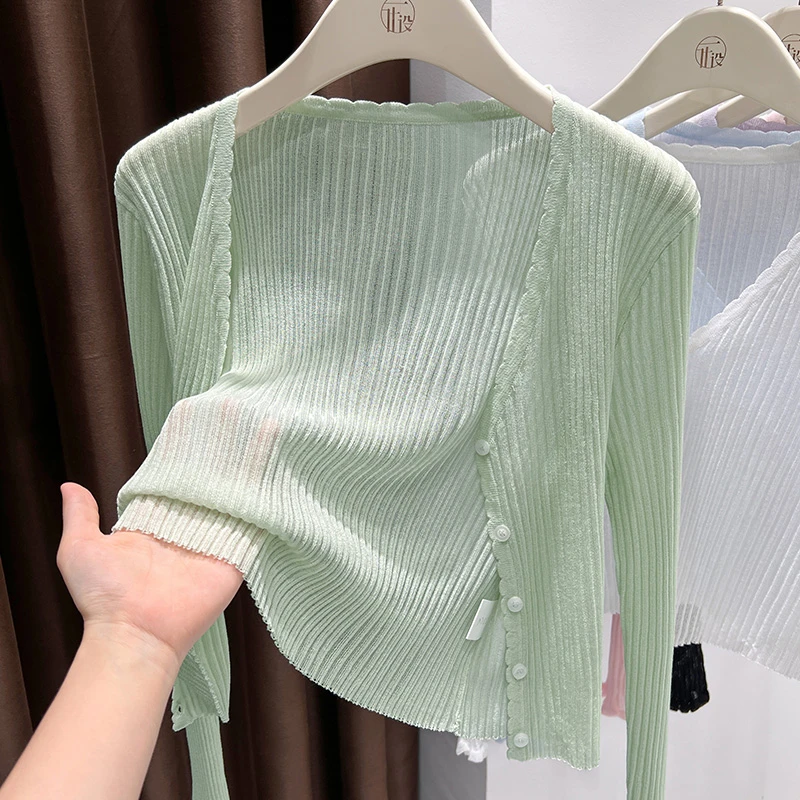 绿色v领防晒长袖短款外套2025夏季新款独特设计薄款宽松针织开衫