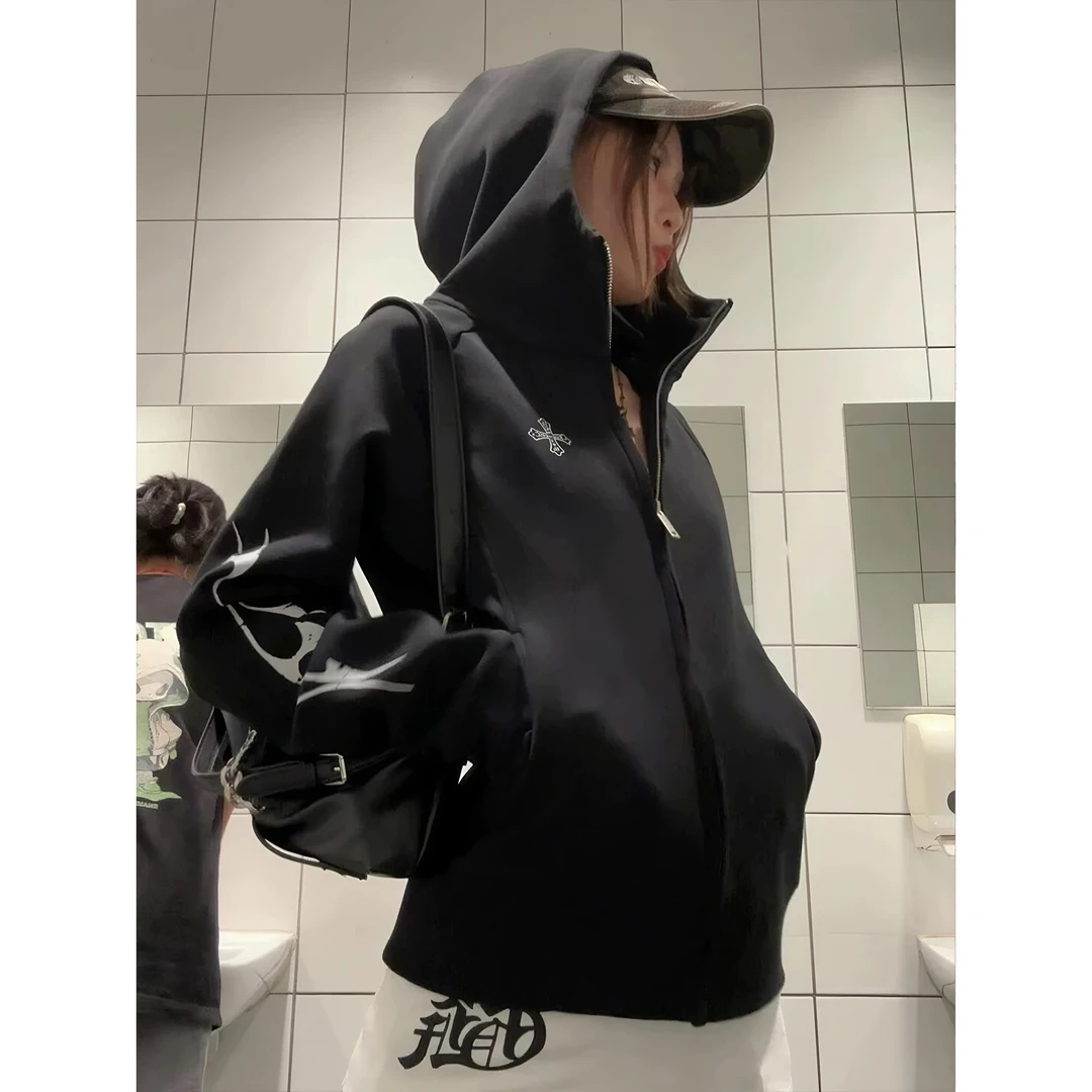 美式复古字母印花连帽卫衣女春秋款宽松慵懒风设计感小众开衫外套