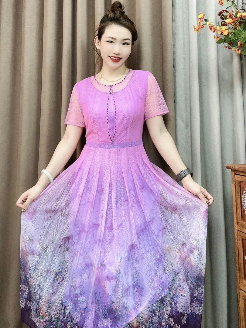 L 1516#夏季显白显年轻显瘦百褶裙妈妈装连衣裙