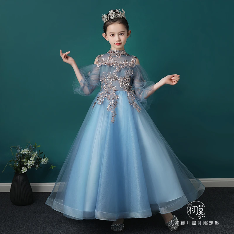 儿童礼服裙公主裙高端女童主持人走秀钢琴演出服婚纱拖尾裙春夏新