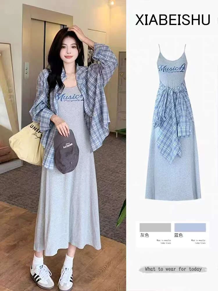 大码胖MM韩系字母印花吊带显瘦连衣裙+宽松格子防晒衬衫两件套