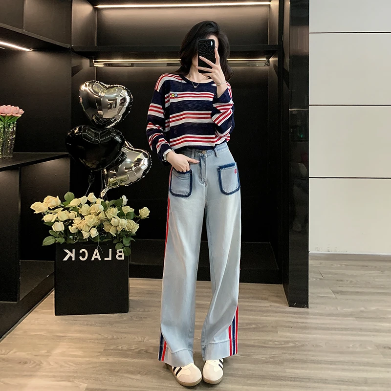 韩版秋季宽松毛针织衫长袖条纹高腰显瘦牛仔裤时尚套装减龄两件套