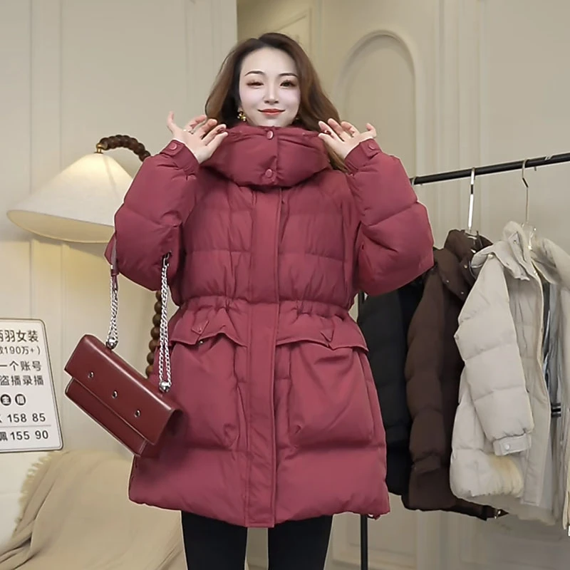 收腰三角标韩版羽绒服外套女冬季加厚连帽显瘦气质百搭中长款