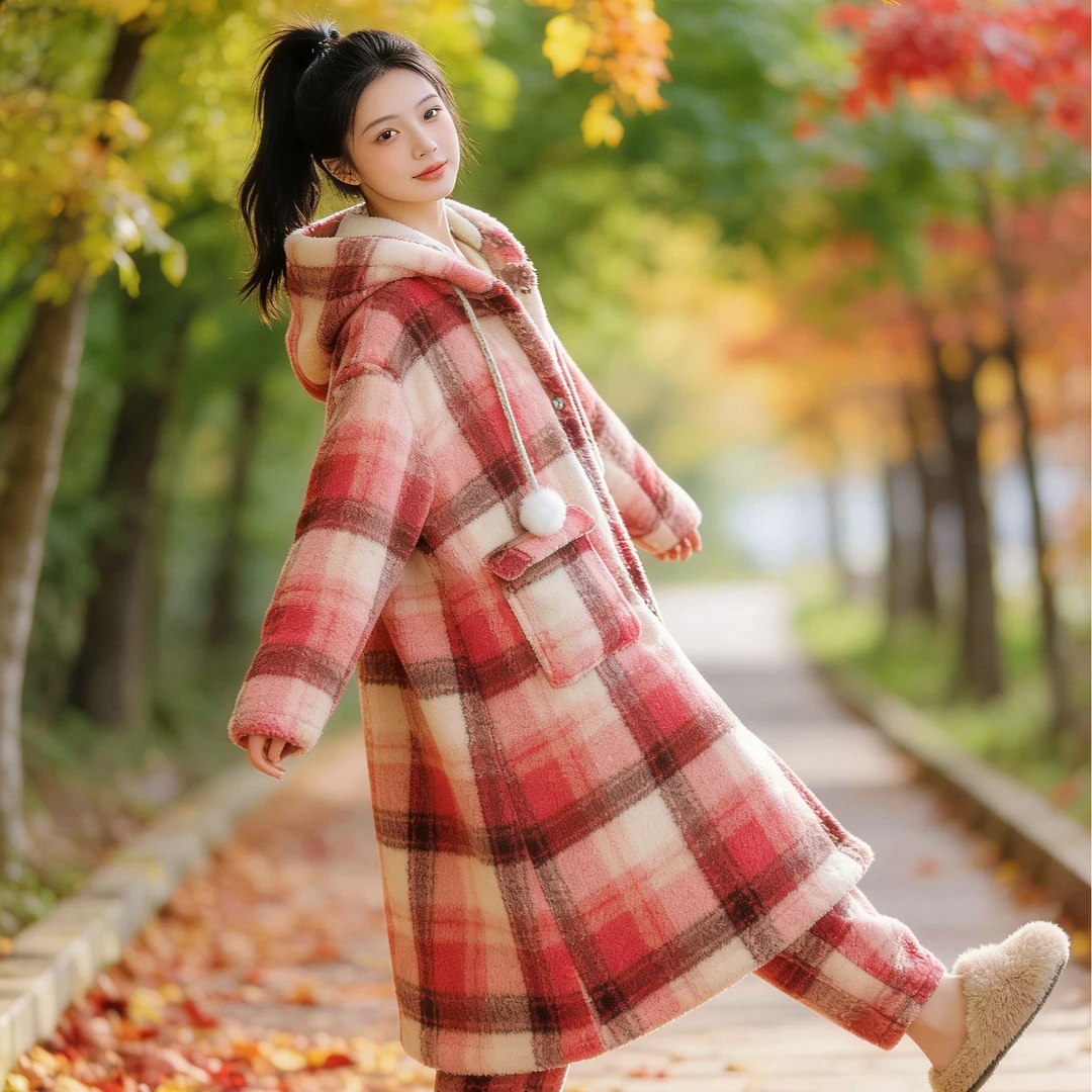 颖颖专属【玫瑰庄园】 零下10度可穿 酒红格纹毛绒加厚长款连帽睡袍
