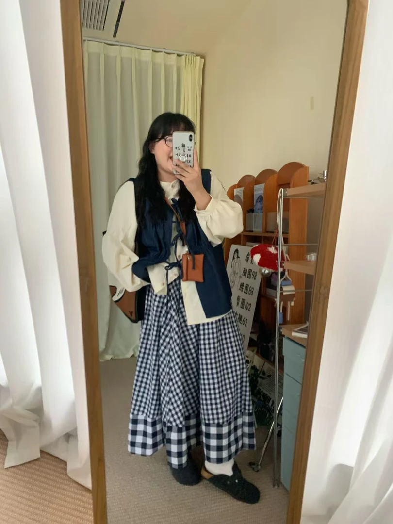 小清新韩系甜美衬衫马甲+格纹拼接半身裙套装女秋季新款