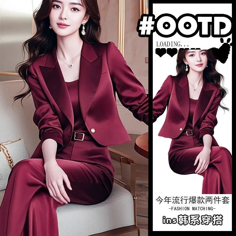 盐系轻熟套装高级感大方得体气质酒红色西装外套百搭职业高腰裤子
