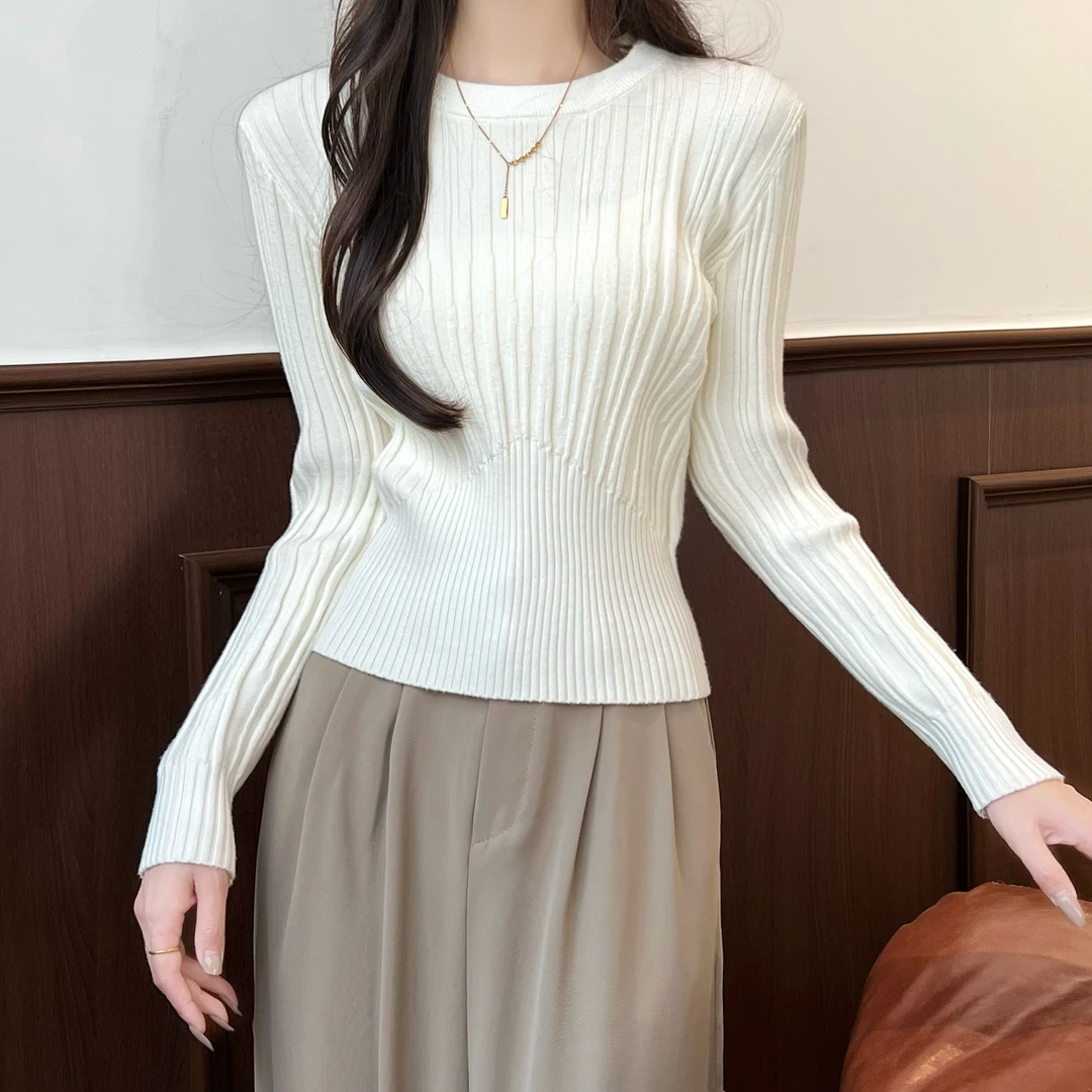 秋季韩系百搭网红修身显瘦圆领设计感手感软糯针织衫上衣#3006