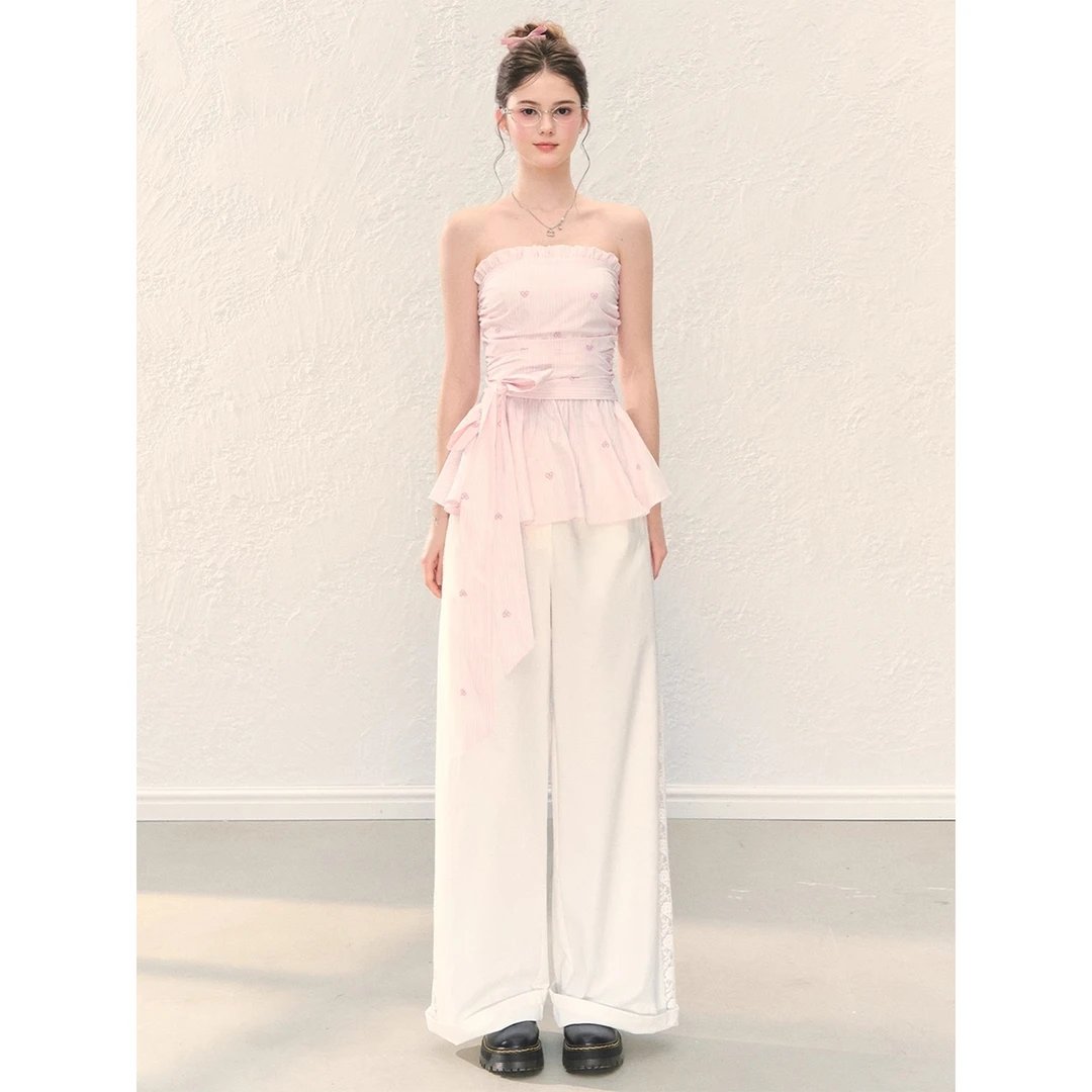 法式甜美抹胸上衣蝴蝶结绑带木耳边收腰显瘦约会百搭露肩T恤女夏