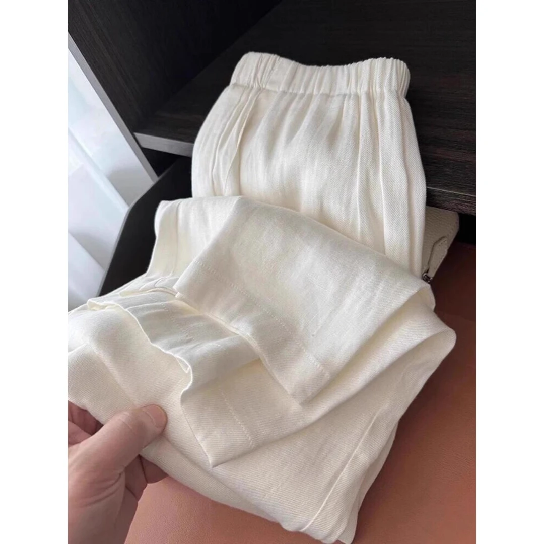 La Chapelle/拉夏贝尔级推荐！极简高端白色亚麻裤女夏季薄款阔