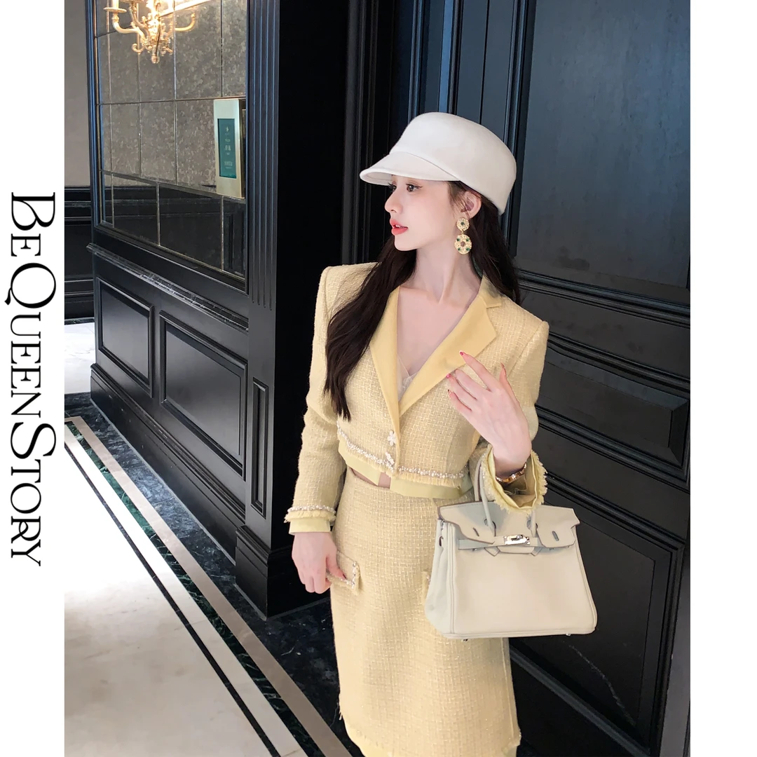 余潇潇【日落金箔】赫本风羊毛金丝编织水钻珠链小香风套装