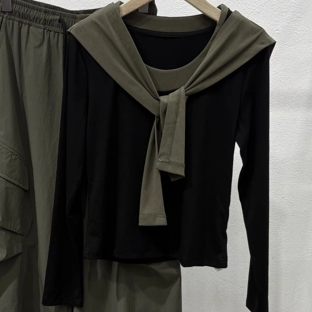 早秋新款大码女装气质时尚辣妹休闲拼色上衣披肩工装裤