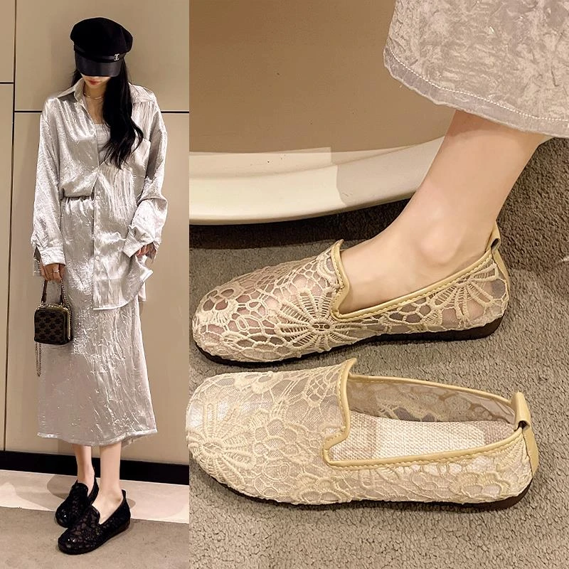 国风蕾丝镂空透气网面老北京布鞋女夏季新款亚麻平底浅口豆豆单鞋