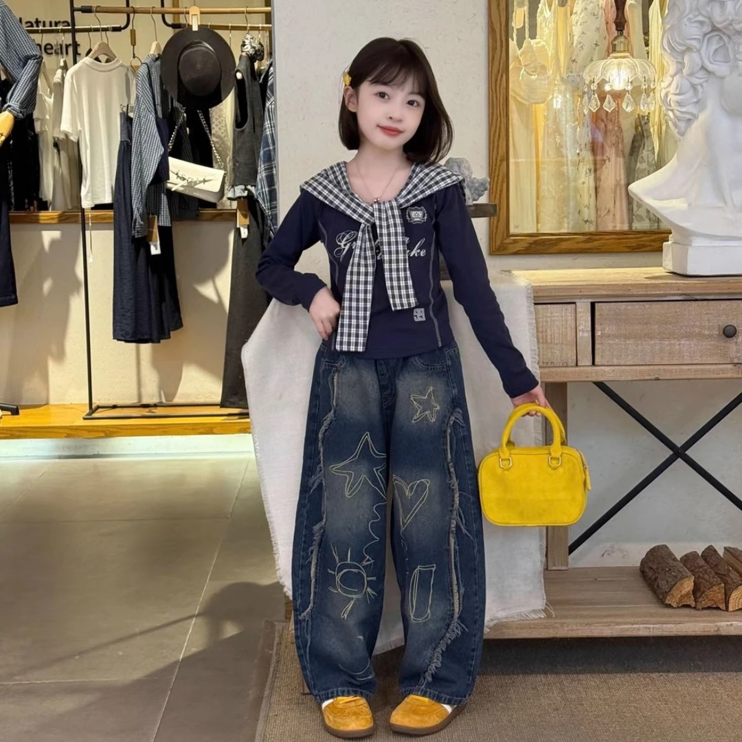 女童披肩打底衫秋2025新款中大童春秋长袖T恤潮酷穿搭刺绣牛仔裤