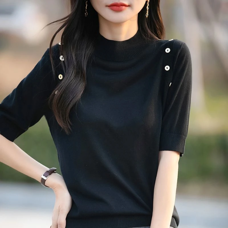 设计感半高领精纺羊毛短袖t恤女2025新款夏季薄款针织衫宽松上衣