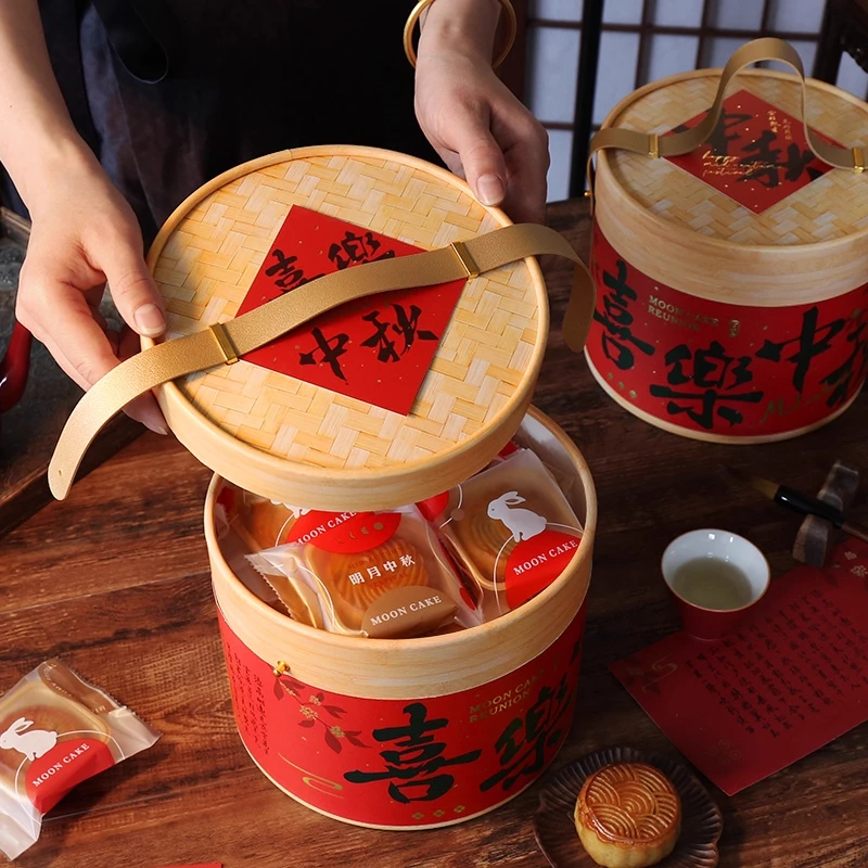 中秋节新品仿竹编月饼礼盒打包盒手提插花手提盒花艺diy材料