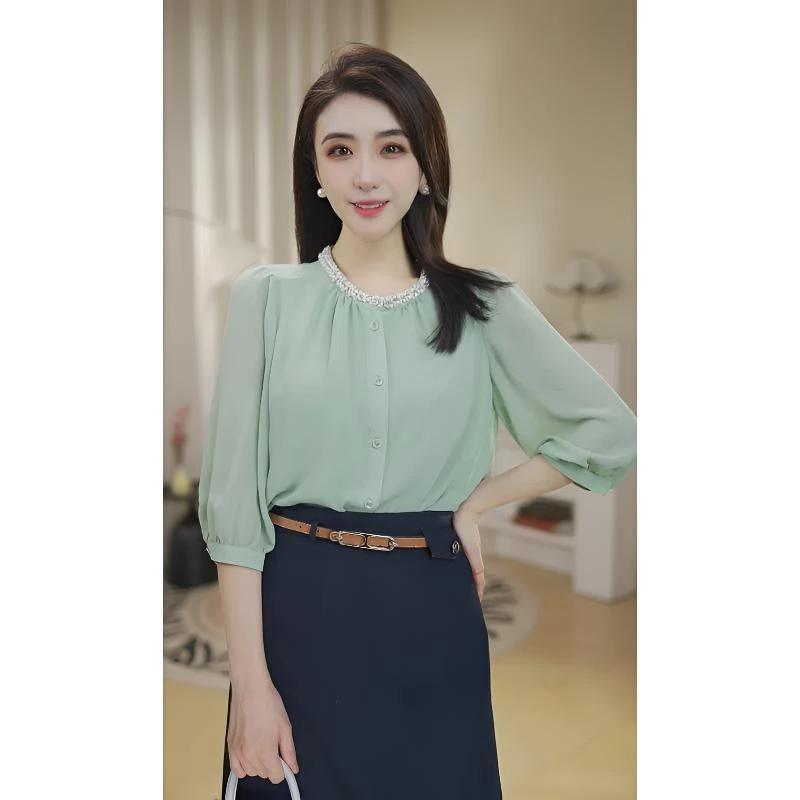 【春兰专属】8592414B豆荚绿衬衫时尚夏季轻熟风通勤法式显瘦衬衣