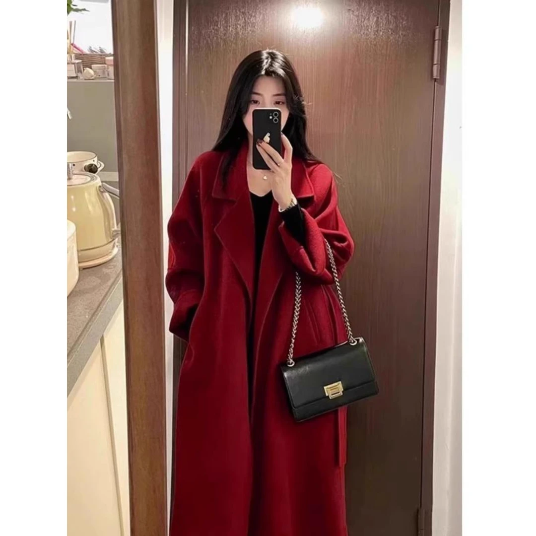 红色双面女装秋冬高端2025新款韩式小个子羊毛外套