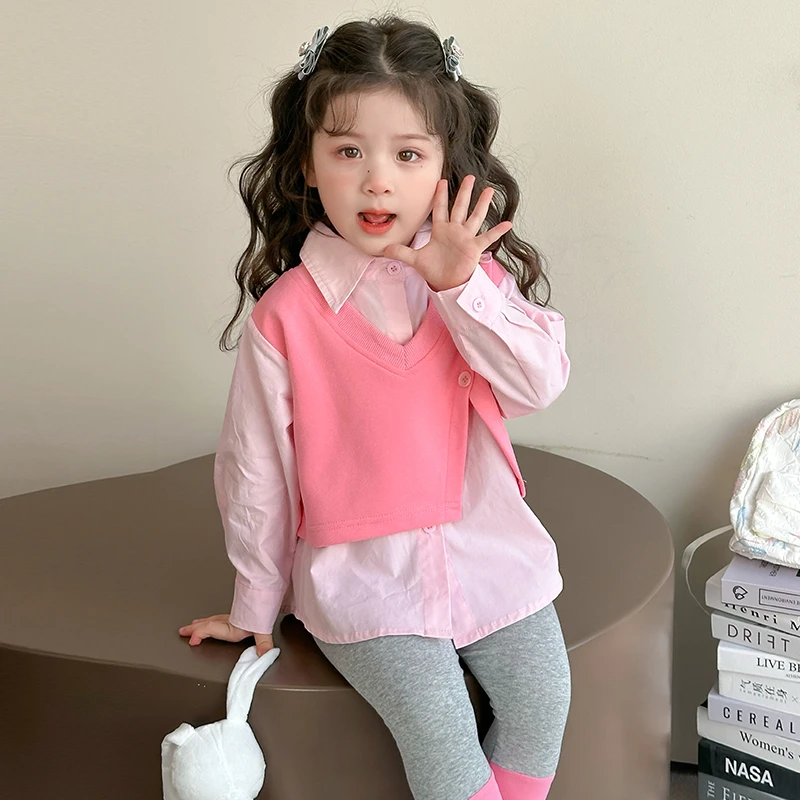 女童春装韩版两件套女宝中小童长袖休闲洋气设计感拼接假两件套装