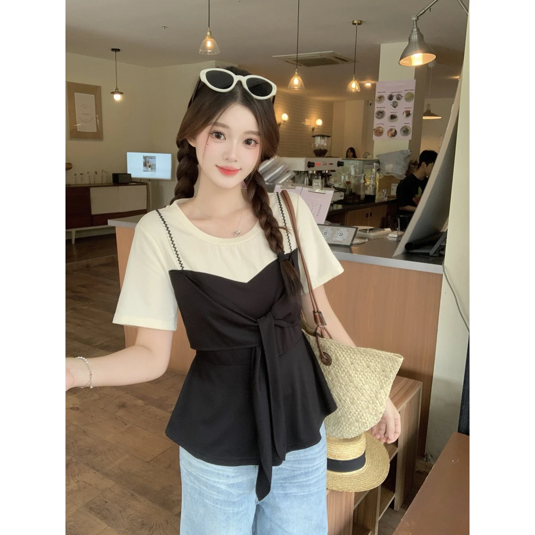 2025夏季新款胖mm大码法式气质假两件短袖T恤设计感收腰上衣64687