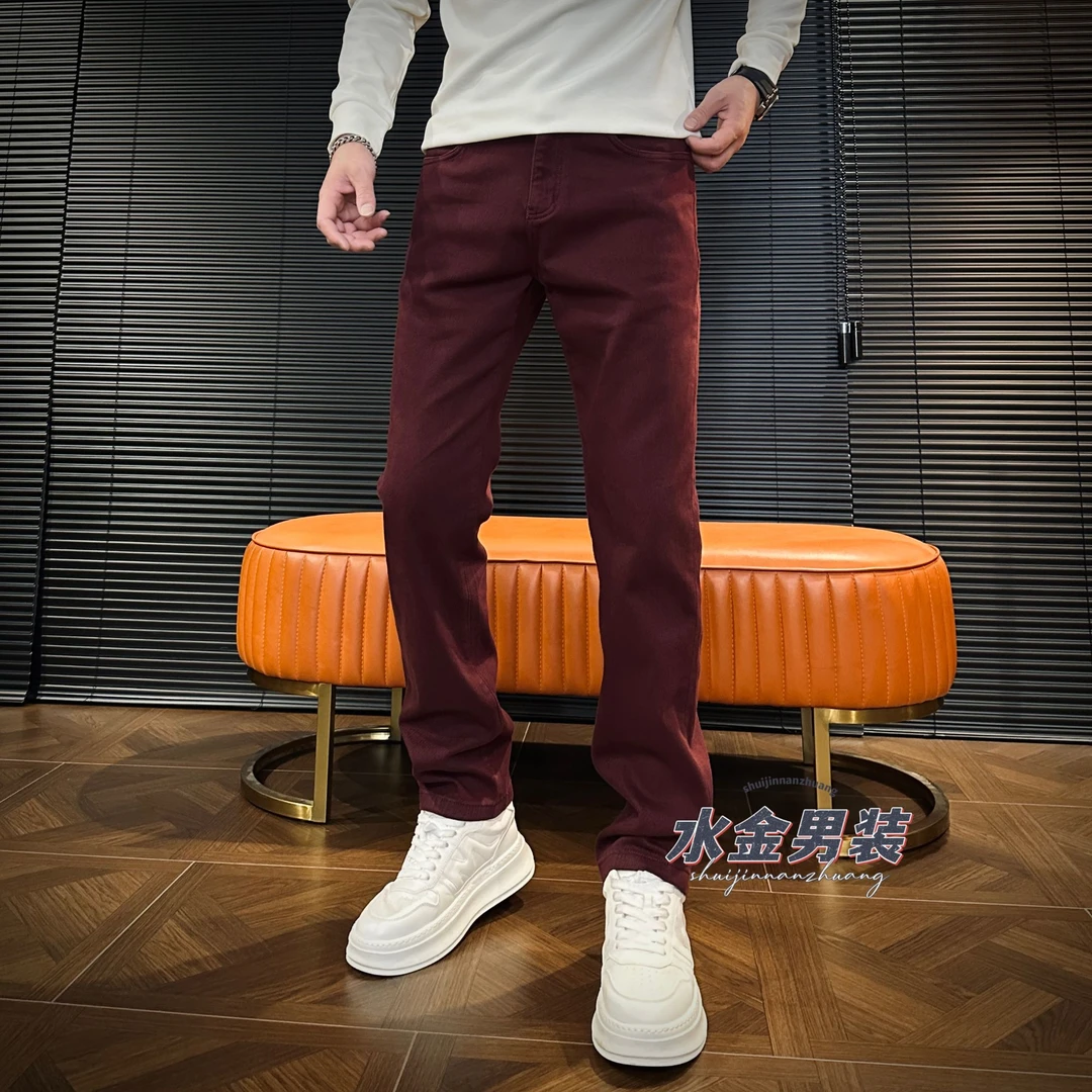 2025男士冬季高端潮流时尚简单百搭弹力修身加厚直筒牛仔裤 63810