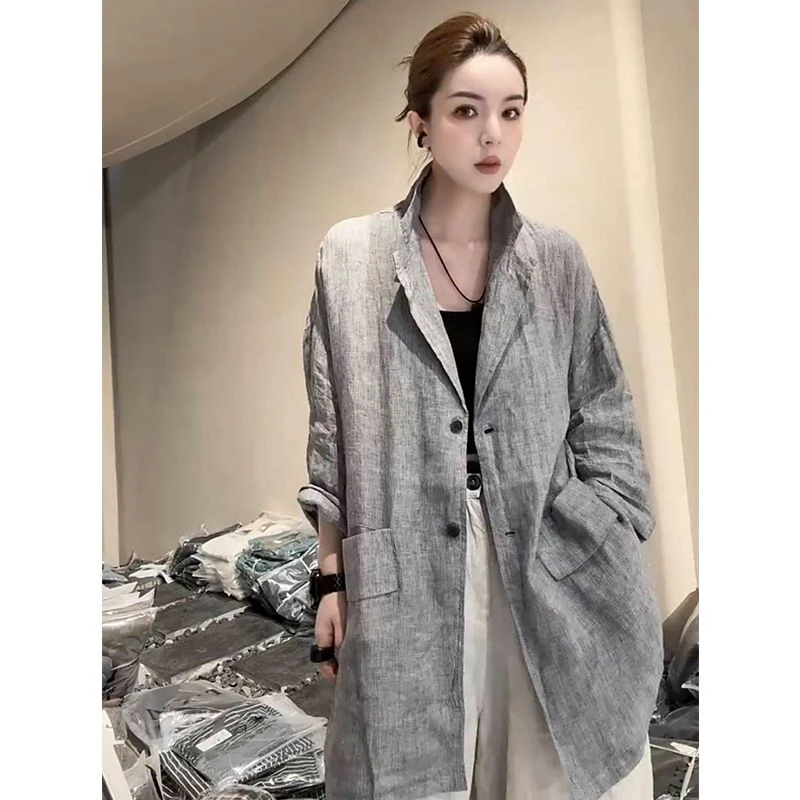 欧洲站2025夏季新款时尚减龄质感高级宽松翻领单排扣亚麻西装外套