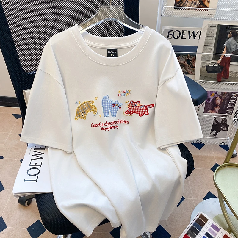 小猫刺绣短袖T恤女学生夏季2025新款宽松高级感洋气减龄半袖上衣