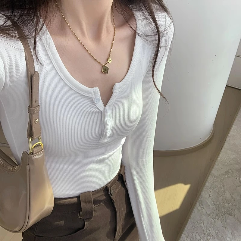 修身型白色长袖t恤女2025秋装新款女装内搭上衣正肩体恤螺纹V领打
