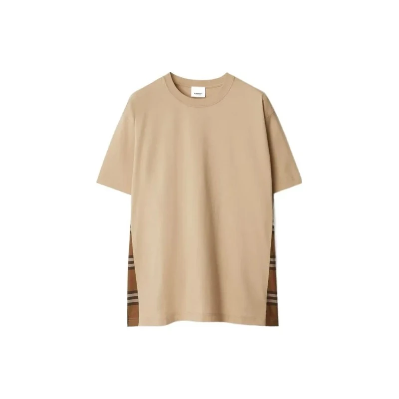未使用 BURBERRY/博柏利 纯色侧边格纹圆领短袖T恤女款柔黄褐色