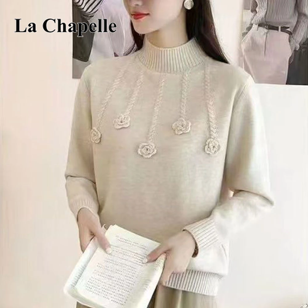 拉夏贝尔圆领大码时尚立体花朵毛衣女2025秋冬洋气毛针织宽松上衣