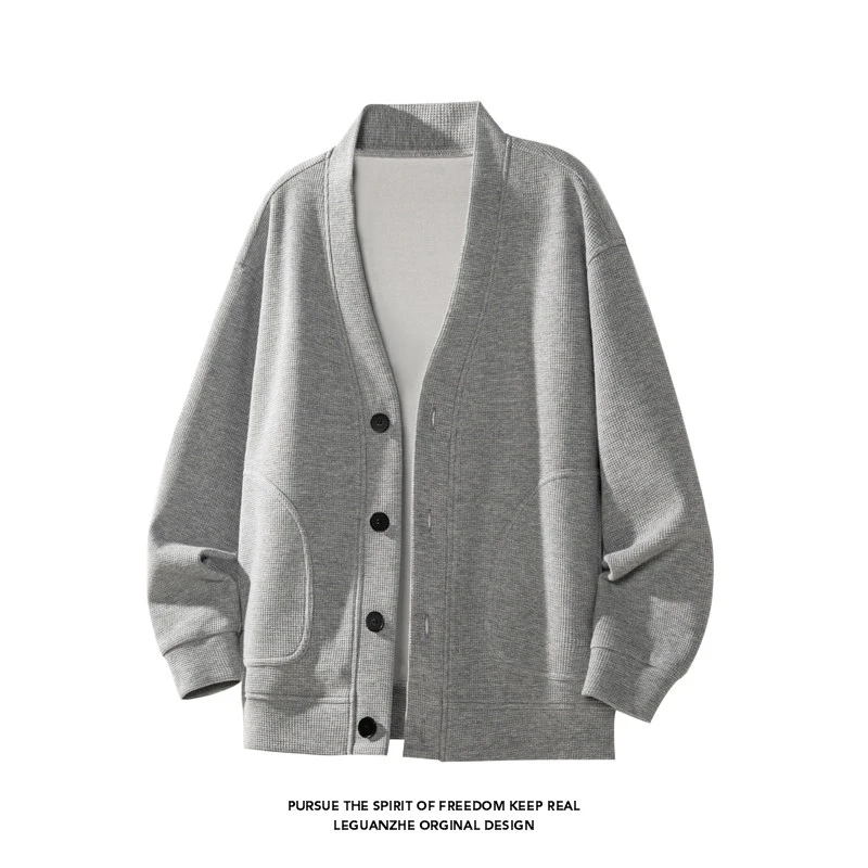 灰色开衫卫衣男款早秋穿搭v领华夫格情侣外套纯色大口袋立领夹克