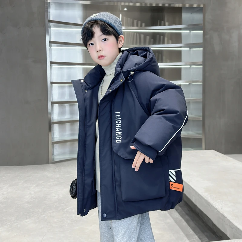 儿童羽绒服冬季6-12岁男童连帽外套中长款洋气男孩加厚上衣中大童