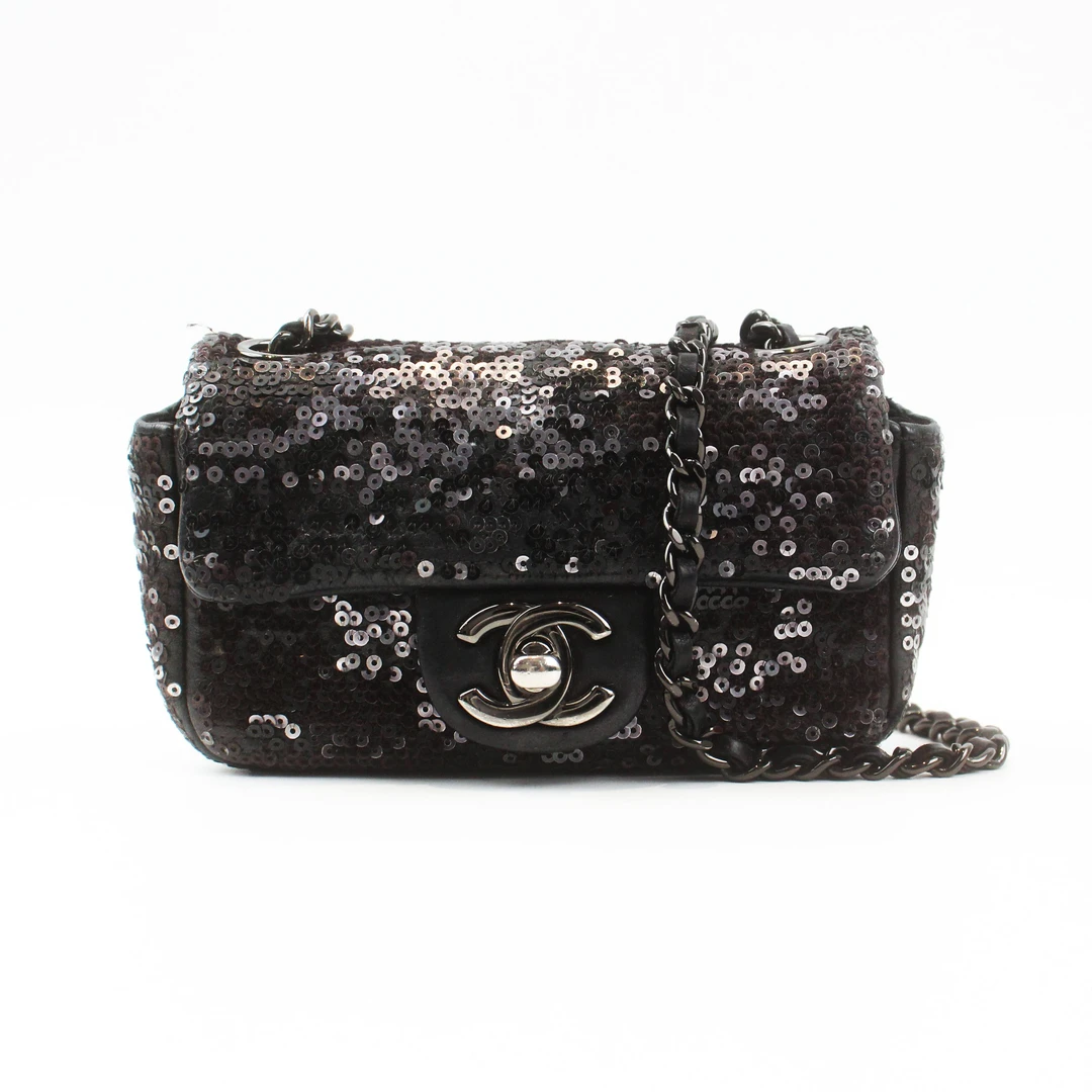 95新 Chanel/香奈儿 75119B11A黑色羊皮亮片银扣手机包单肩斜挎包