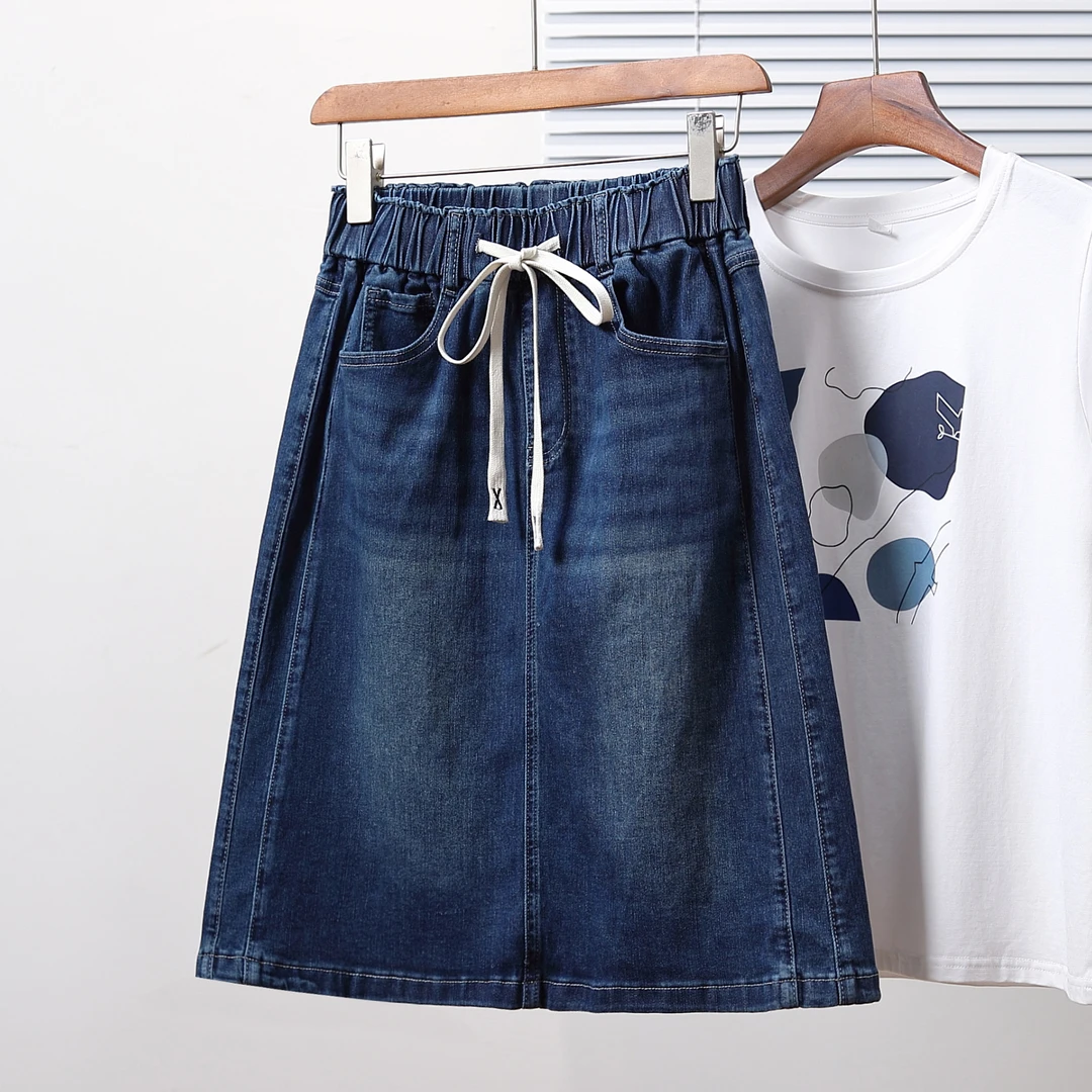 秋款大码松紧腰弹力宽松A字牛仔中裙胖MM显瘦五分半身裙