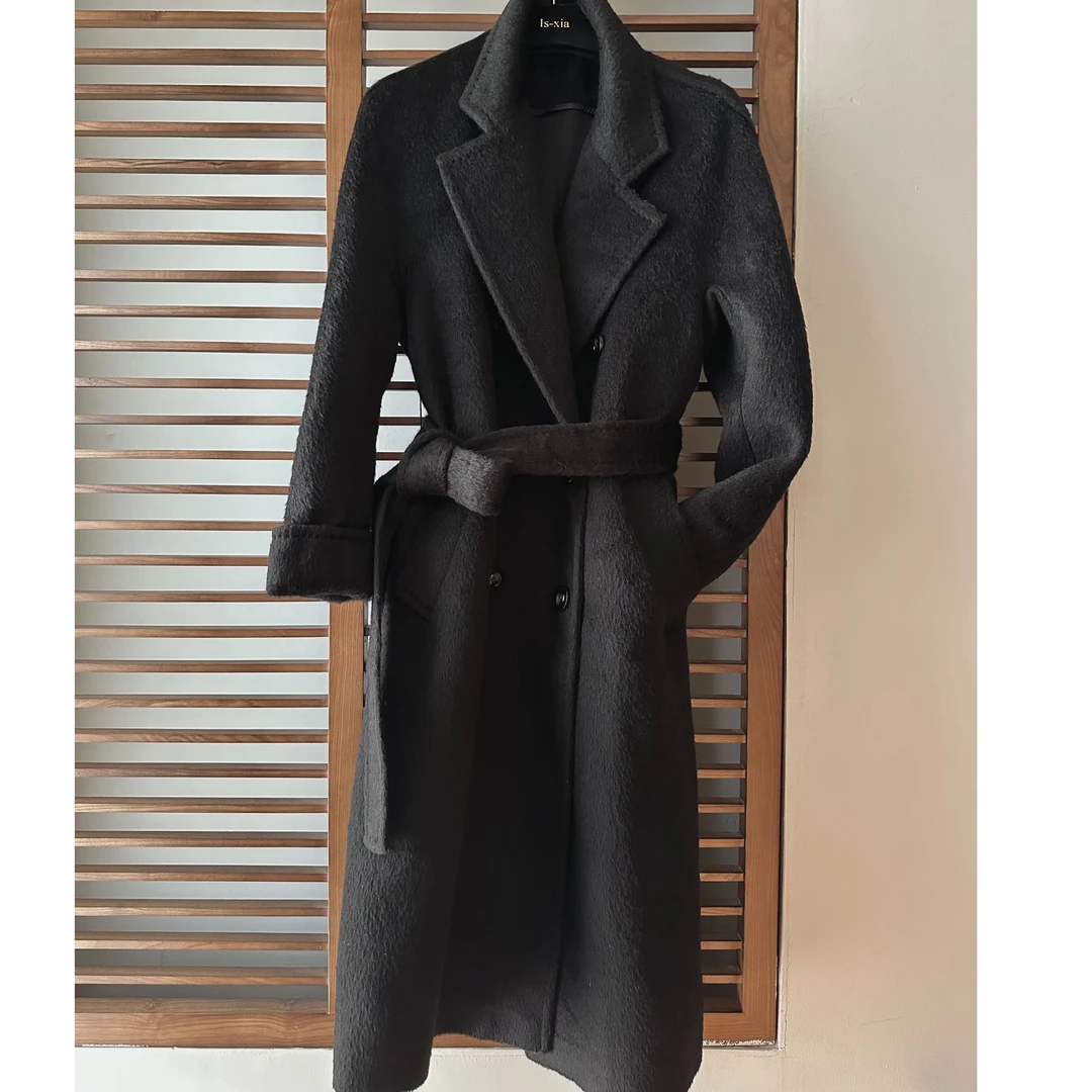 【雁回】羊驼毛气质毛呢大衣纯色秋冬黑色外套