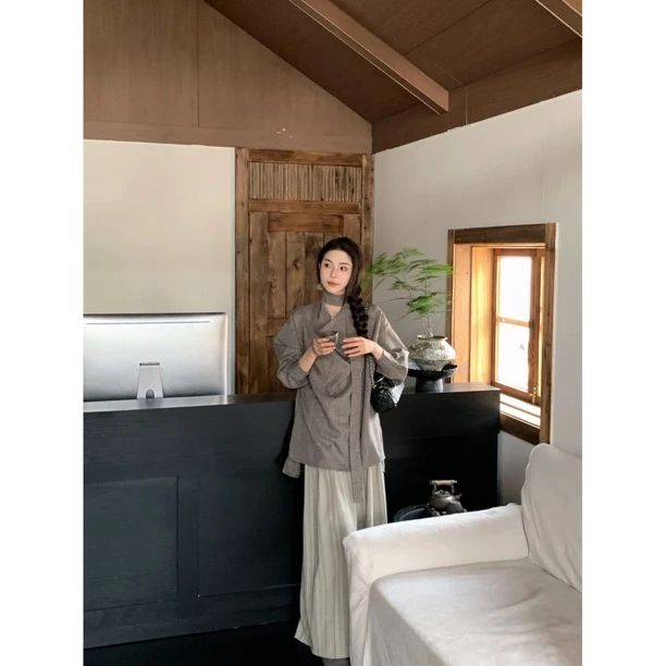 【赵小小&无性别高级感】7838 高级感不规则衬衫宽松立领长袖衬衣