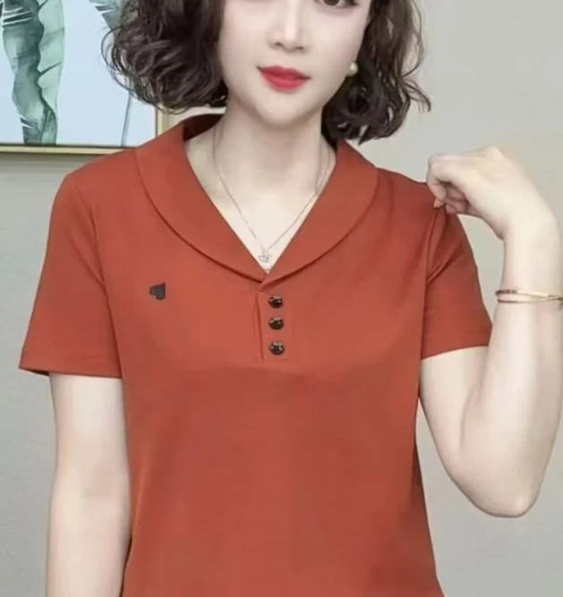 6638#夏季百搭减龄显瘦气质翻领T恤（L~4XL 90~160斤）