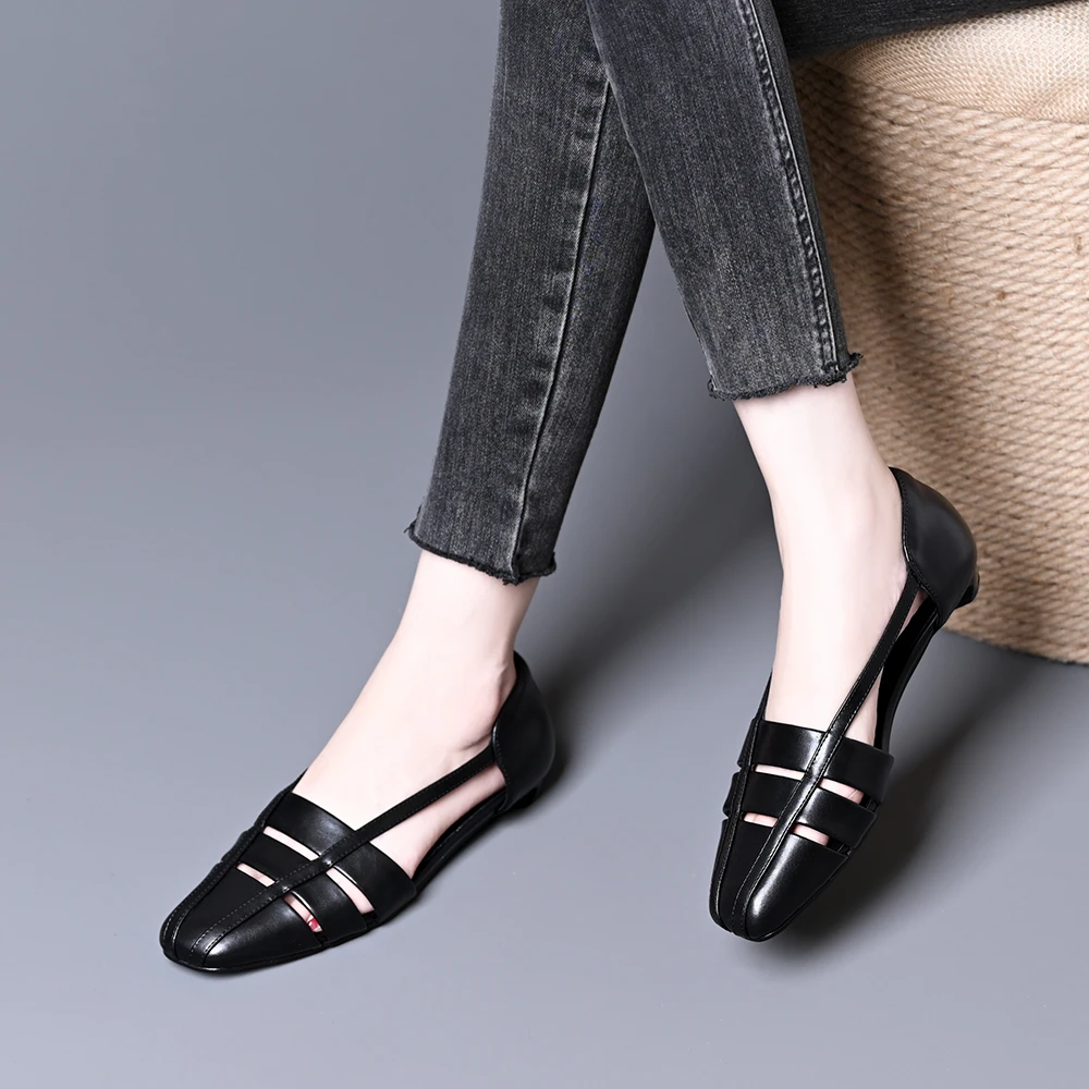 夏季新款镂空时尚侧空包头凉鞋女小方头粗跟一脚蹬浅口配裙子凉鞋