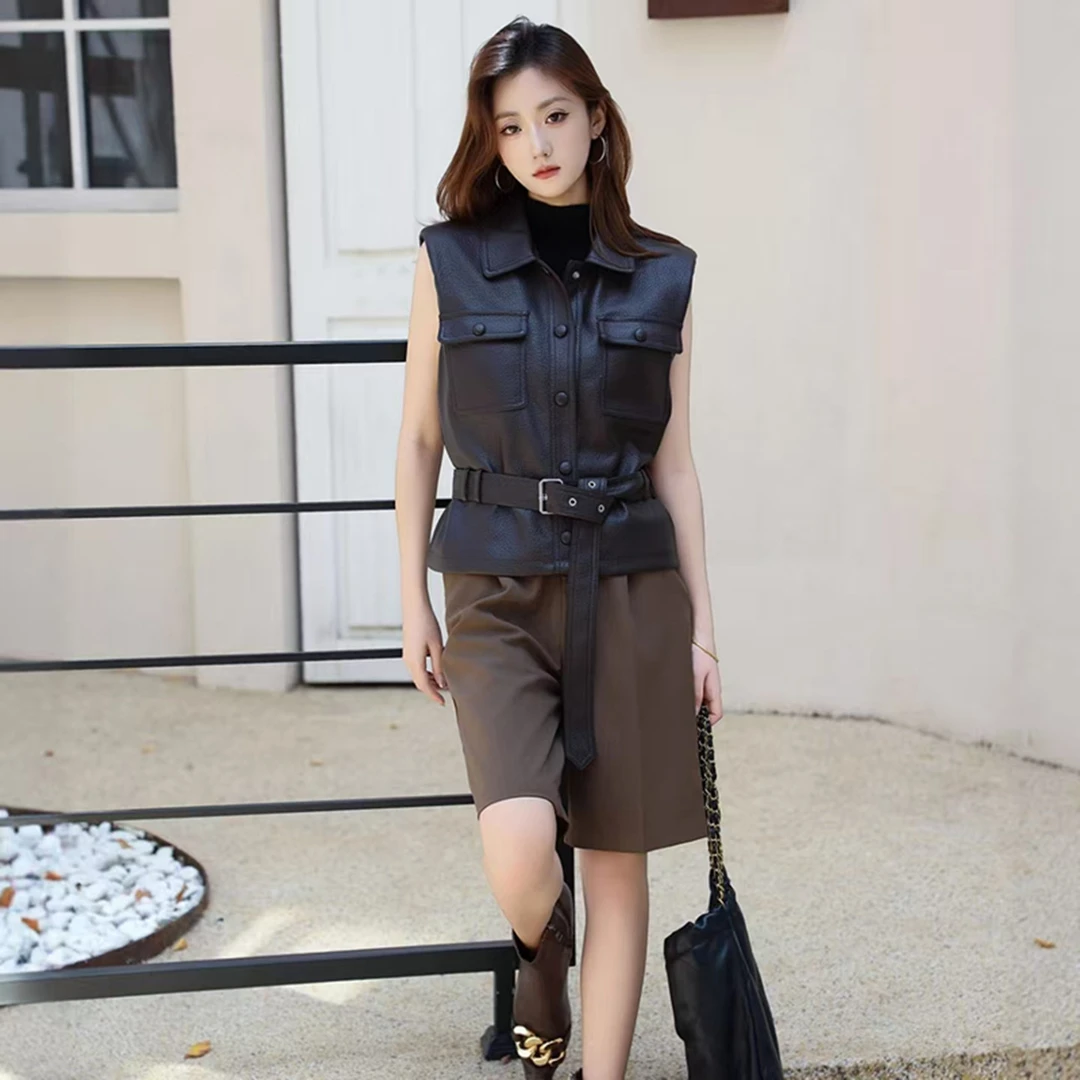 欧货PU皮马甲女2025秋季新款复古腰带收腰翻领无袖坎肩背心马甲女