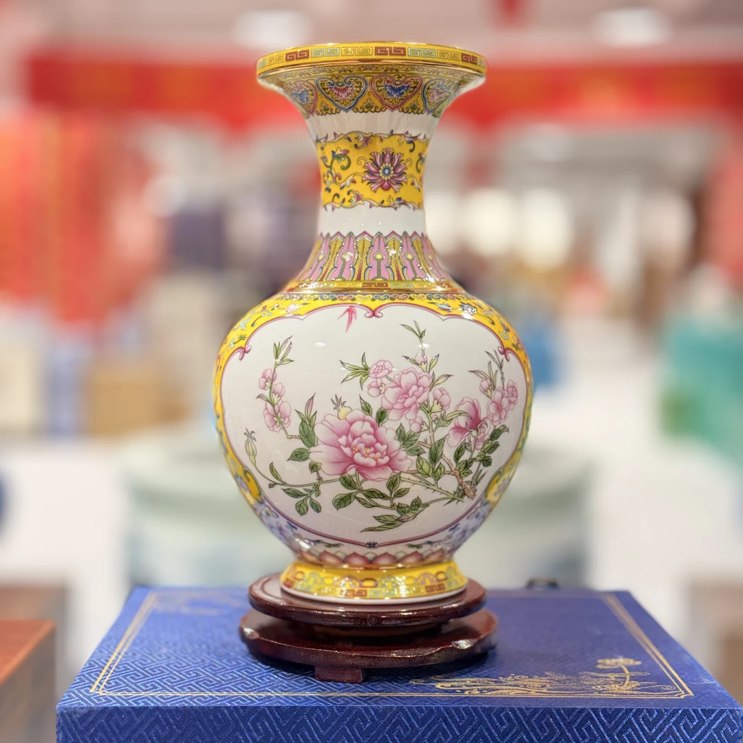 【王家陶瓷】XD-帝王黄珐琅彩苹果瓶礼盒装