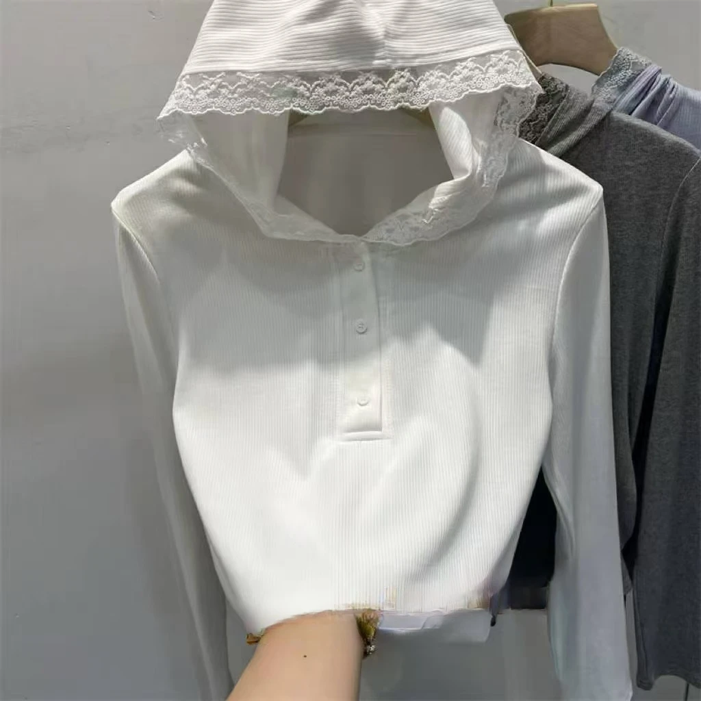 依蔓家蕾丝连帽纯色拼接时尚百搭个性T恤