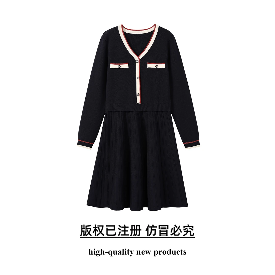 奢姿大码女装2025秋季胖妹妹时尚减龄撞色气质V领设计针织连衣裙