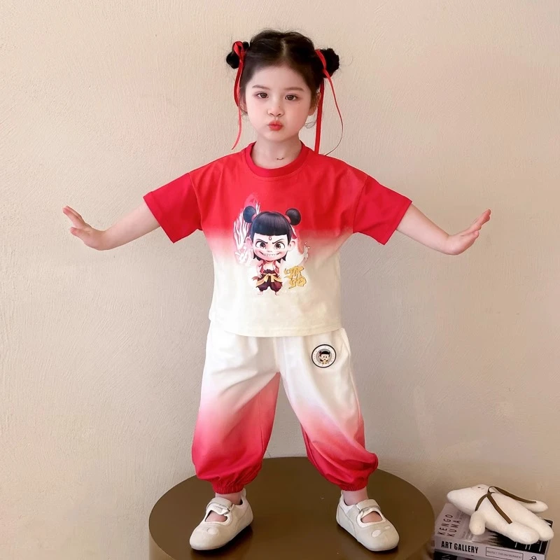 国潮女童哪吒渐变短袖套装儿童防蚊休闲裤子两件套小女孩宝宝夏装