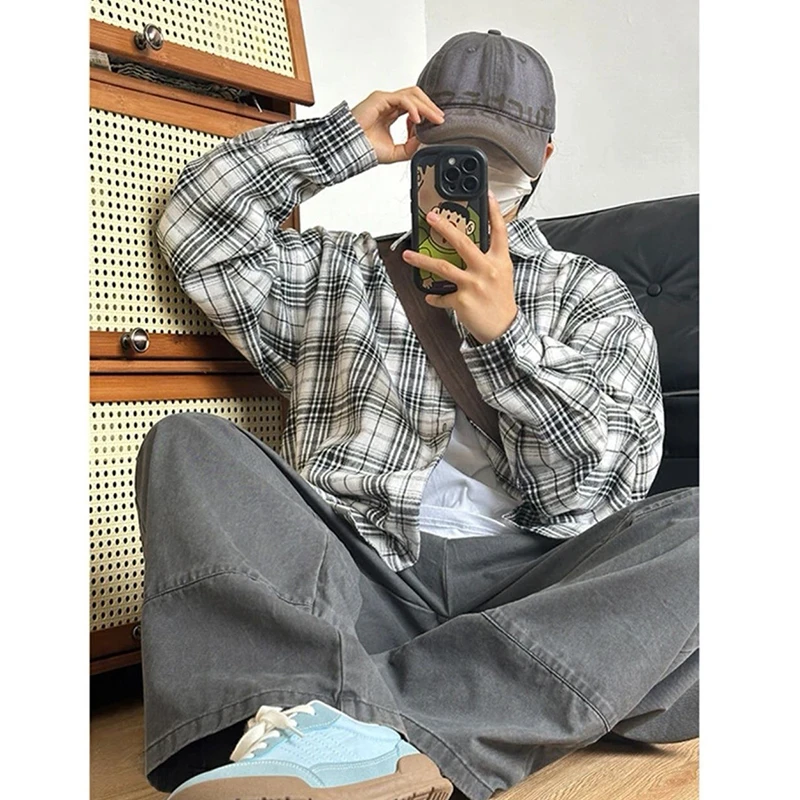 黑白格子vintage衬衫男春季日系学院风痞帅高街叠穿长袖衬衣外套