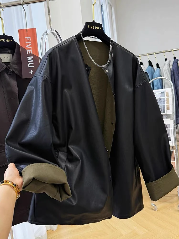 宽松型圆领秋季韩版春秋常规款百搭免烫秋冬皮衣ins001